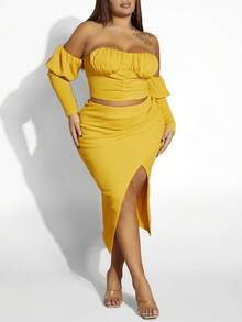 SHEIN SXY Plus Off Shoulder Ruched Bust Crop Top & Split Thigh Skirt - Yellow - View 3