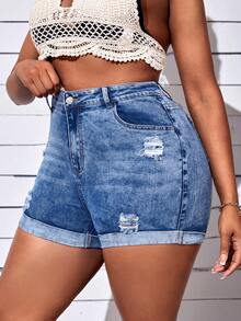 SHEIN SXY Plus Ripped Roll Up Hem Denim Shorts - Medium Wash - View 5