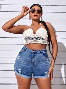 SHEIN SXY Plus Ripped Roll Up Hem Denim Shorts - Medium Wash - View 4