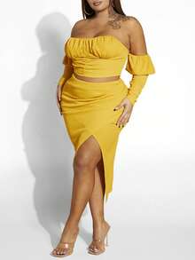 SHEIN SXY Plus Off Shoulder Ruched Bust Crop Top & Split Thigh Skirt - Yellow - View 6