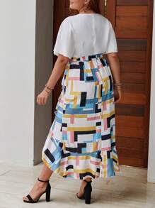 SHEIN Clasi Vestido con cinturón con estampado geométrico de manga mariposa ribete con fruncido cruzado - Multicolor - Ver 2