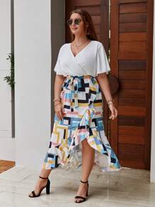 SHEIN Clasi Vestido con cinturón con estampado geométrico de manga mariposa ribete con fruncido cruzado - Multicolor - Ver 5