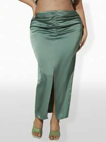 SHEIN SXY 大碼褶邊高衩緞面半身裙 - 綠色 - 查看 1