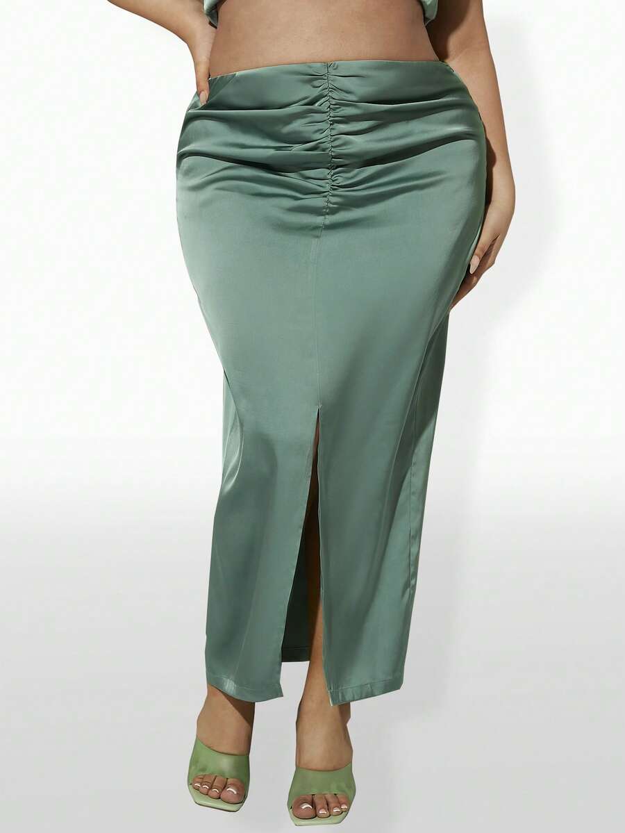 SHEIN SXY 大碼褶邊高衩緞面半身裙 - 綠色 - 查看 1