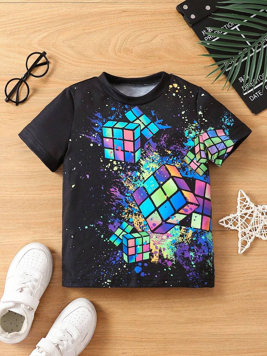 SHEIN Toddler Boys Magic Cube Print Tee - Black - View 1