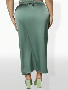SHEIN SXY 大碼褶邊高衩緞面半身裙 - 綠色 - 查看 2