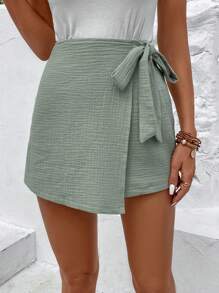 SHEIN Frenchy Solid Knot Side Wrap Skort Cotton Summer Green - Green - View 4