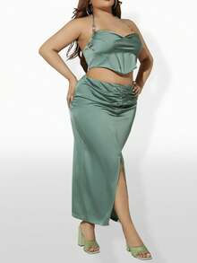 SHEIN SXY 大碼褶邊高衩緞面半身裙 - 綠色 - 查看 3