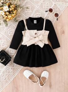 Baby Girl Puff Sleeve Dress & Button Front Belted Cami Top - Multicolor - View 1