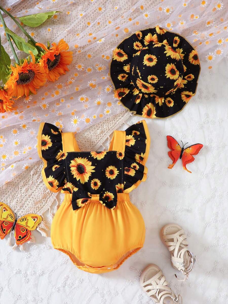 Baby Girl Floral Print Ruffle Trim Bow Front Bodysuit & Hat - Multicolor - View 1