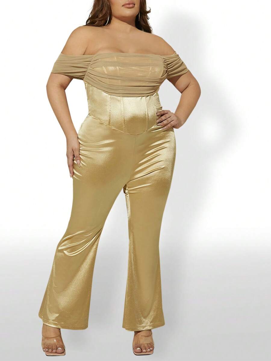 SHEIN SXY 大碼一字肩褶邊喇叭連身褲 - 香檳色 - 查看 1