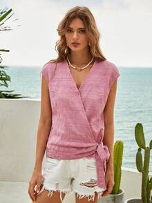 Bohemela 素色側打結圍裹女士襯衫 - 藕粉色 - 查看 3