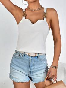 SHEIN Privé 缺口領鏈條細節吊帶上衣 - 白色 - 查看 4