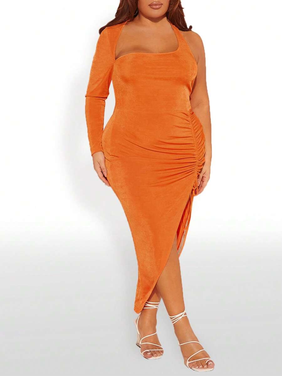 SHEIN SXY Vestido ajustado con cordón fruncido de cuello asimétrico - Naranja - Ver 1