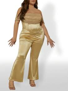 SHEIN SXY 大碼一字肩褶邊喇叭連身褲 - 香檳色 - 查看 4