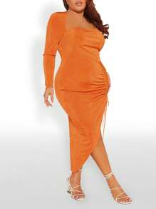 SHEIN SXY Vestido ajustado con cordón fruncido de cuello asimétrico - Naranja - Ver 6