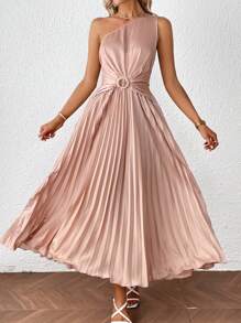 SHEIN Privé One Shoulder Pleated Hem O-ring Detail Dress - Coral Pink - View 3