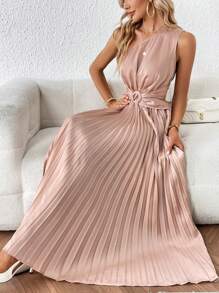 SHEIN Privé One Shoulder Pleated Hem O-ring Detail Dress - Coral Pink - View 2