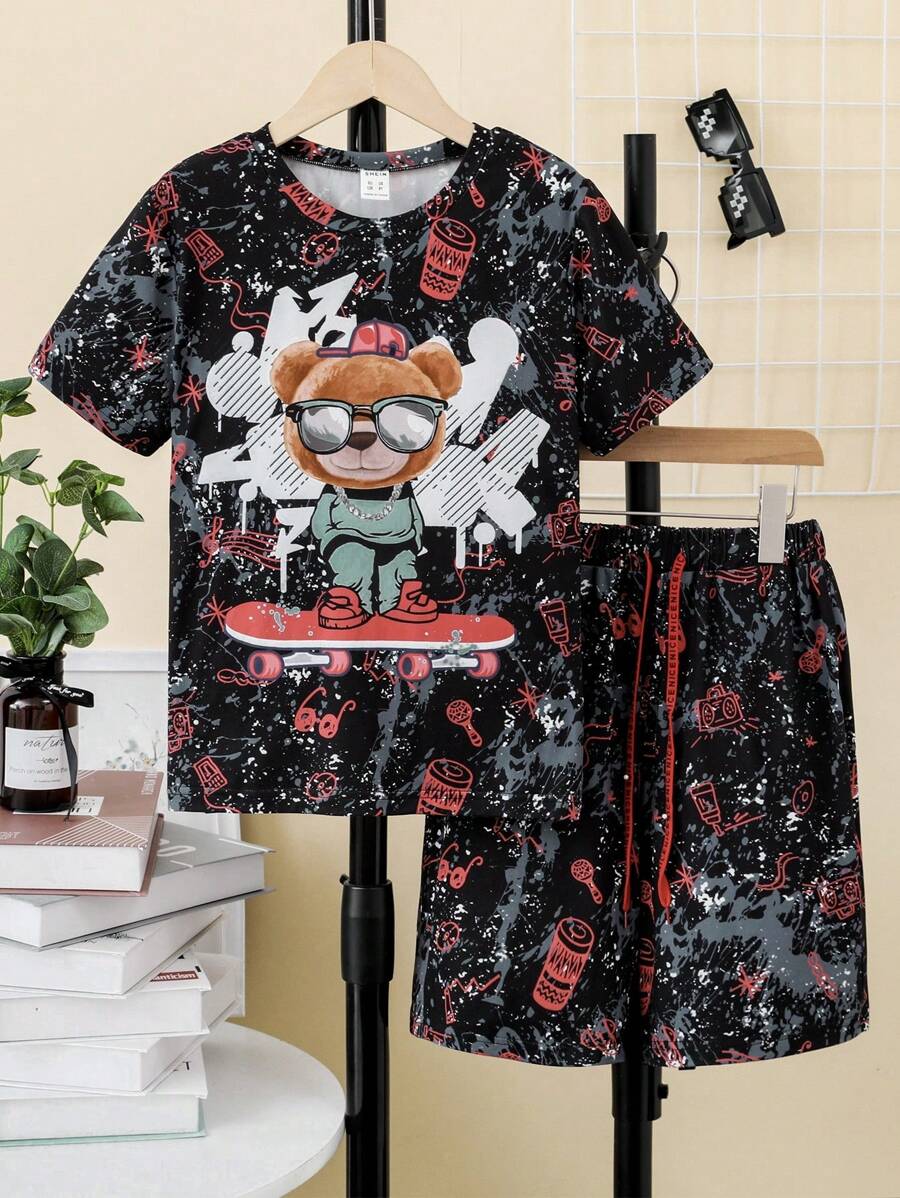 SHEIN 2pcs Set Boys Graffiti Sweatshirt And Pants, Street Style - Multicolor - View 1