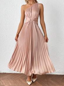 SHEIN Privé One Shoulder Pleated Hem O-ring Detail Dress - Coral Pink - View 8