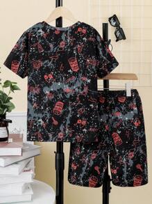 SHEIN 2pcs Set Boys Graffiti Sweatshirt And Pants, Street Style - Multicolor - View 2