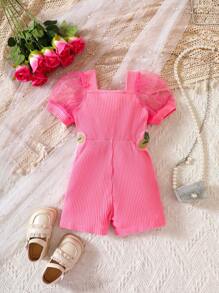 嬰兒貼花嵌入網紗泡泡袖方領連身短褲 - 玫紅色 - 查看 2