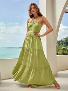 Bohemela 胸部褶皺荷葉邊繞頸露背吊帶洋裝 - 青檸色 - 查看 1