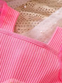 嬰兒貼花嵌入網紗泡泡袖方領連身短褲 - 玫紅色 - 查看 3