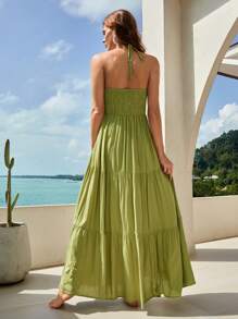 Bohemela 胸部褶皺荷葉邊繞頸露背吊帶洋裝 - 青檸色 - 查看 2