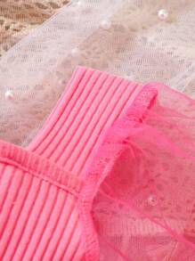 嬰兒貼花嵌入網紗泡泡袖方領連身短褲 - 玫紅色 - 查看 4