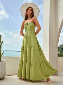 Bohemela 胸部褶皺荷葉邊繞頸露背吊帶洋裝 - 青檸色 - 查看 4