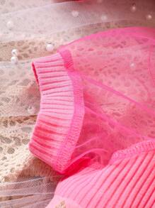 嬰兒貼花嵌入網紗泡泡袖方領連身短褲 - 玫紅色 - 查看 5