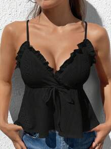 SHEIN EZwear Frill Trim Tie Front Schiffy Cami Top - Black - View 1