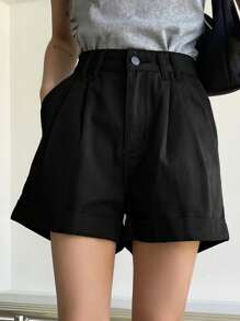 DAZY 高腰卷邊牛仔短褲 - 黑色 - 查看 5