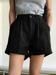 DAZY 高腰卷邊牛仔短褲 - 黑色 - 查看 4