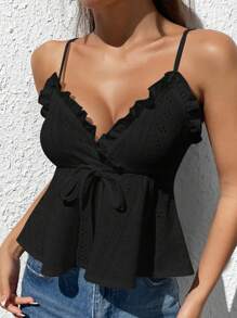 SHEIN EZwear Frill Trim Tie Front Schiffy Cami Top - Black - View 4
