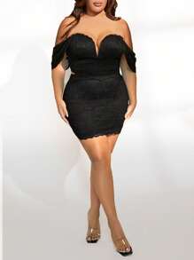 SHEIN SXY Plus Off Shoulder Lace Top & Bodycon Skirt - Black - View 1