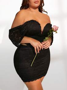 SHEIN SXY Plus Off Shoulder Lace Top & Bodycon Skirt - Black - View 6