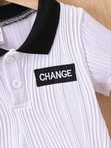 男嬰字母補丁細節條紋印花POLO衫 - 白色 - 查看 3