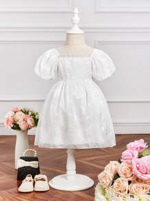 SHEIN 可愛網拼接 珍珠純色女幼童連衣裙 - 白色 - 查看 1