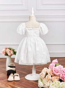 SHEIN 可愛網拼接 珍珠純色女幼童連衣裙 - 白色 - 查看 2