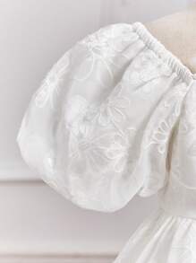 SHEIN 可愛網拼接 珍珠純色女幼童連衣裙 - 白色 - 查看 4