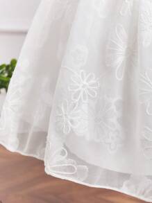 SHEIN 可愛網拼接 珍珠純色女幼童連衣裙 - 白色 - 查看 5