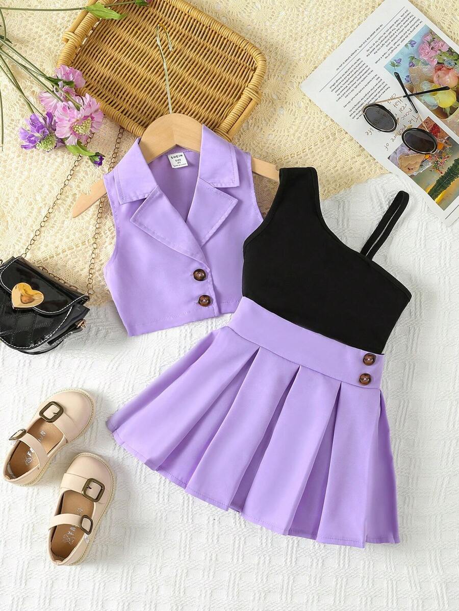 SHEIN Conjunto de falda plisada y top de tirantes con cuello asimétrico para niñas pequeñas de 3 piezas - Multicolor - Ver 1