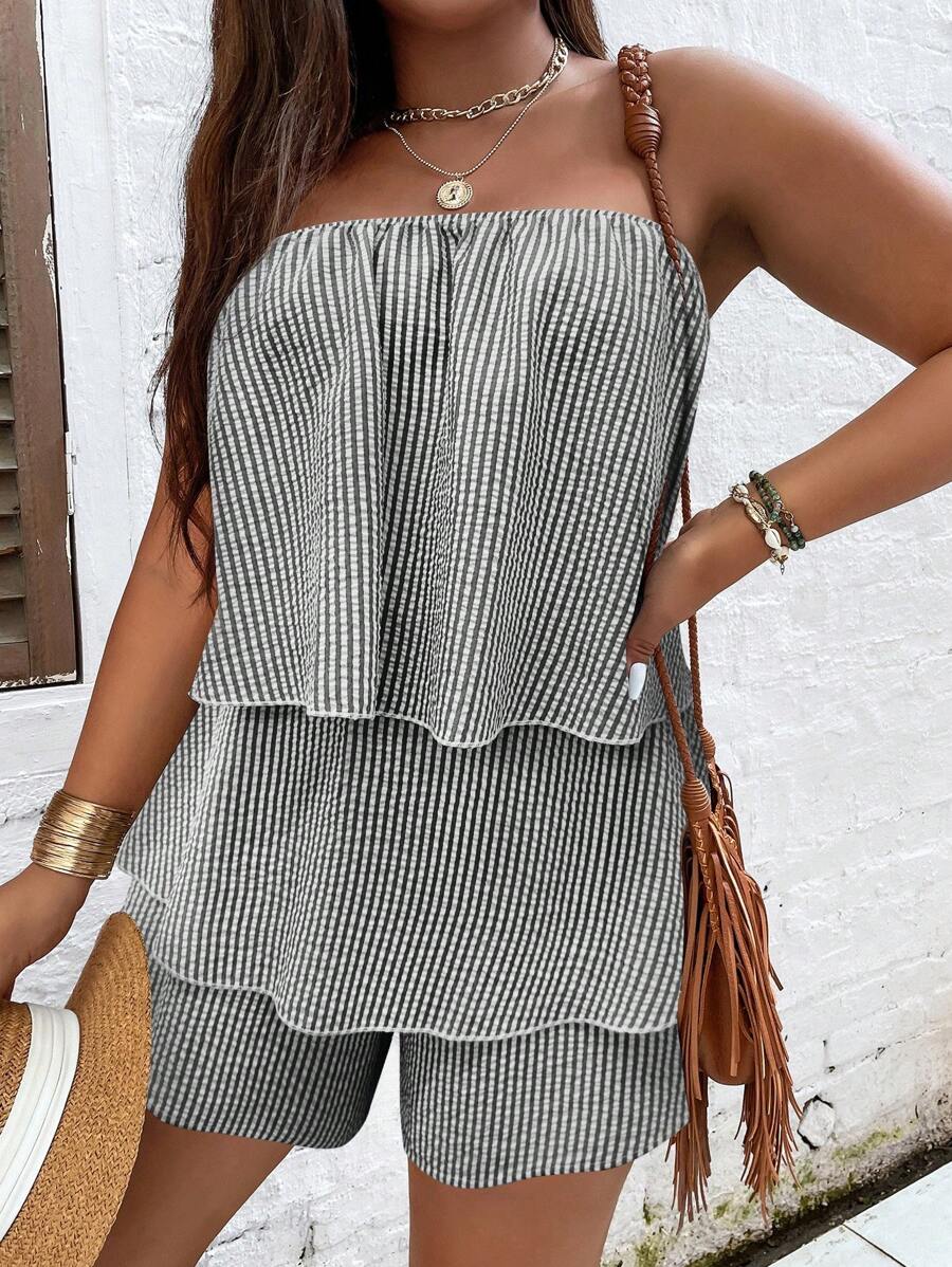 SHEIN LUNE Bộ thời trang Plus Size phân lớp Kẻ sọc Giải trí - Đen và trắng - Xem 1