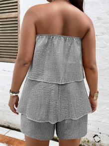 SHEIN LUNE Bộ thời trang Plus Size phân lớp Kẻ sọc Giải trí - Đen và trắng - Xem 2