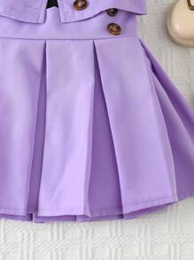 SHEIN Conjunto de falda plisada y top de tirantes con cuello asimétrico para niñas pequeñas de 3 piezas - Multicolor - Ver 3