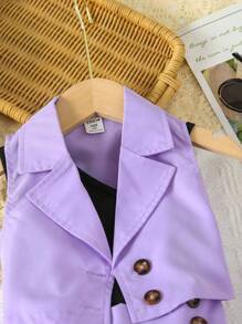 SHEIN Conjunto de falda plisada y top de tirantes con cuello asimétrico para niñas pequeñas de 3 piezas - Multicolor - Ver 4