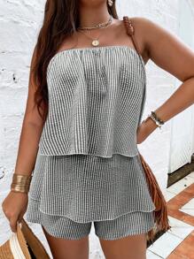SHEIN LUNE Bộ thời trang Plus Size phân lớp Kẻ sọc Giải trí - Đen và trắng - Xem 3