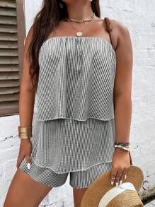 SHEIN LUNE Bộ thời trang Plus Size phân lớp Kẻ sọc Giải trí - Đen và trắng - Xem 4